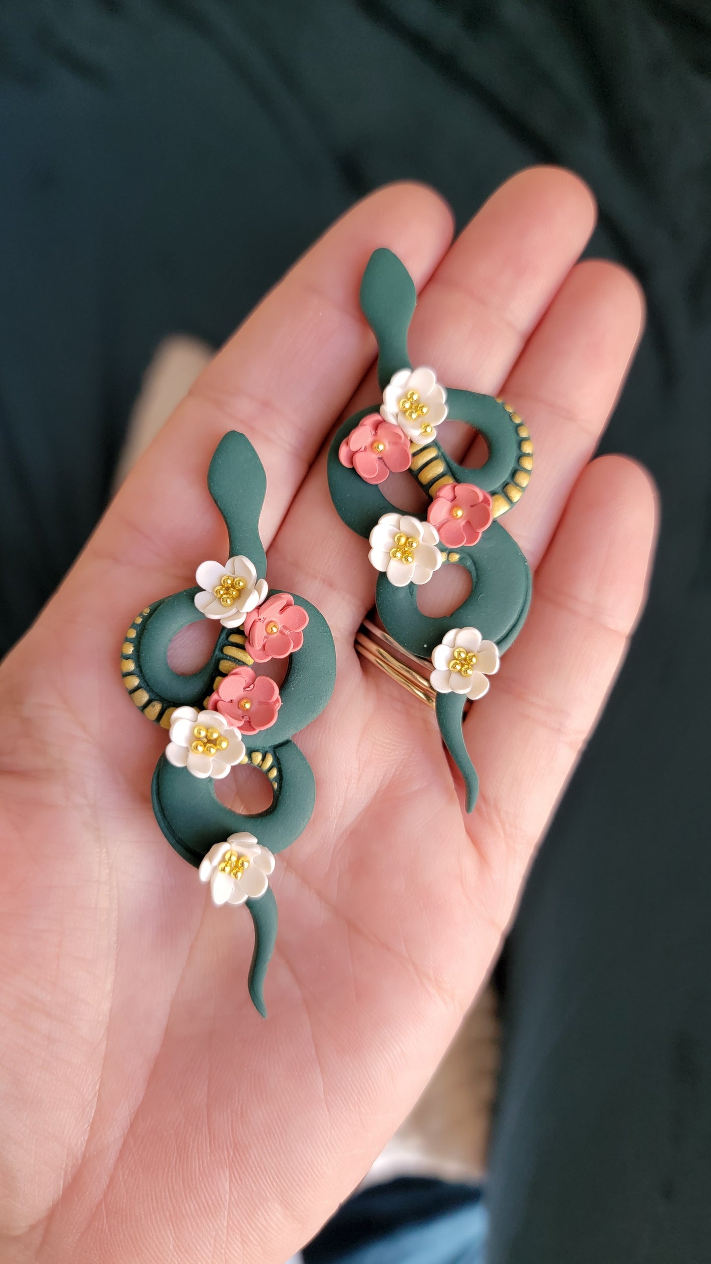 Green Floral Snake Earrings