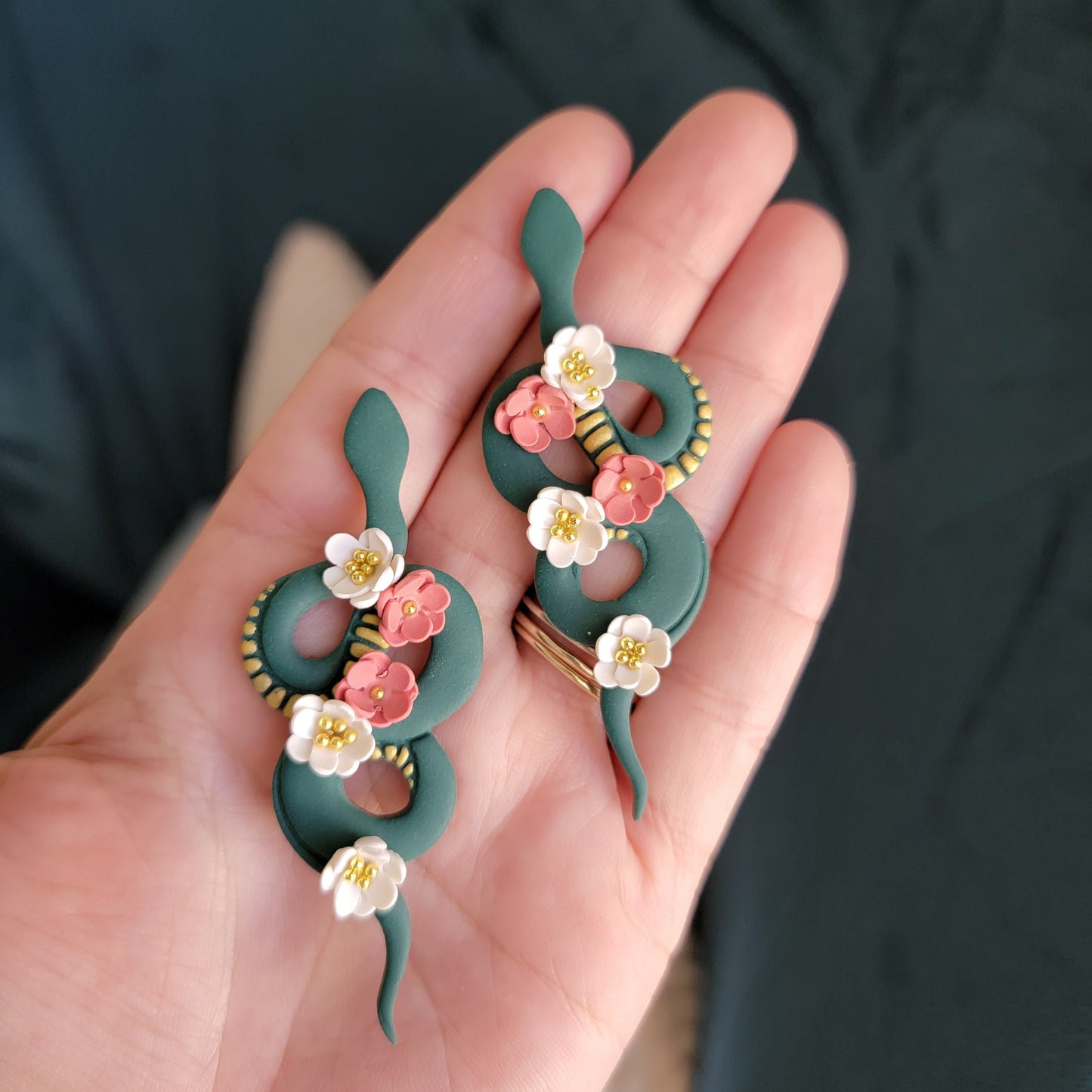 Green Floral Snake Earrings