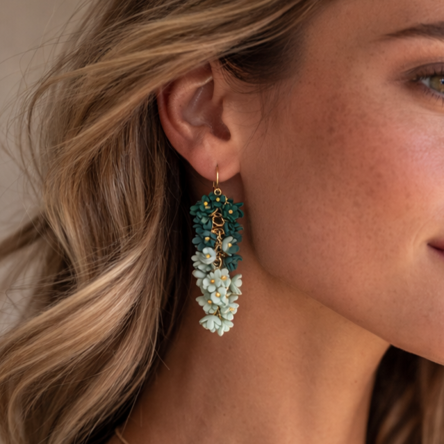 Close-up of a woman wearing green floral earrings with a neutral background.