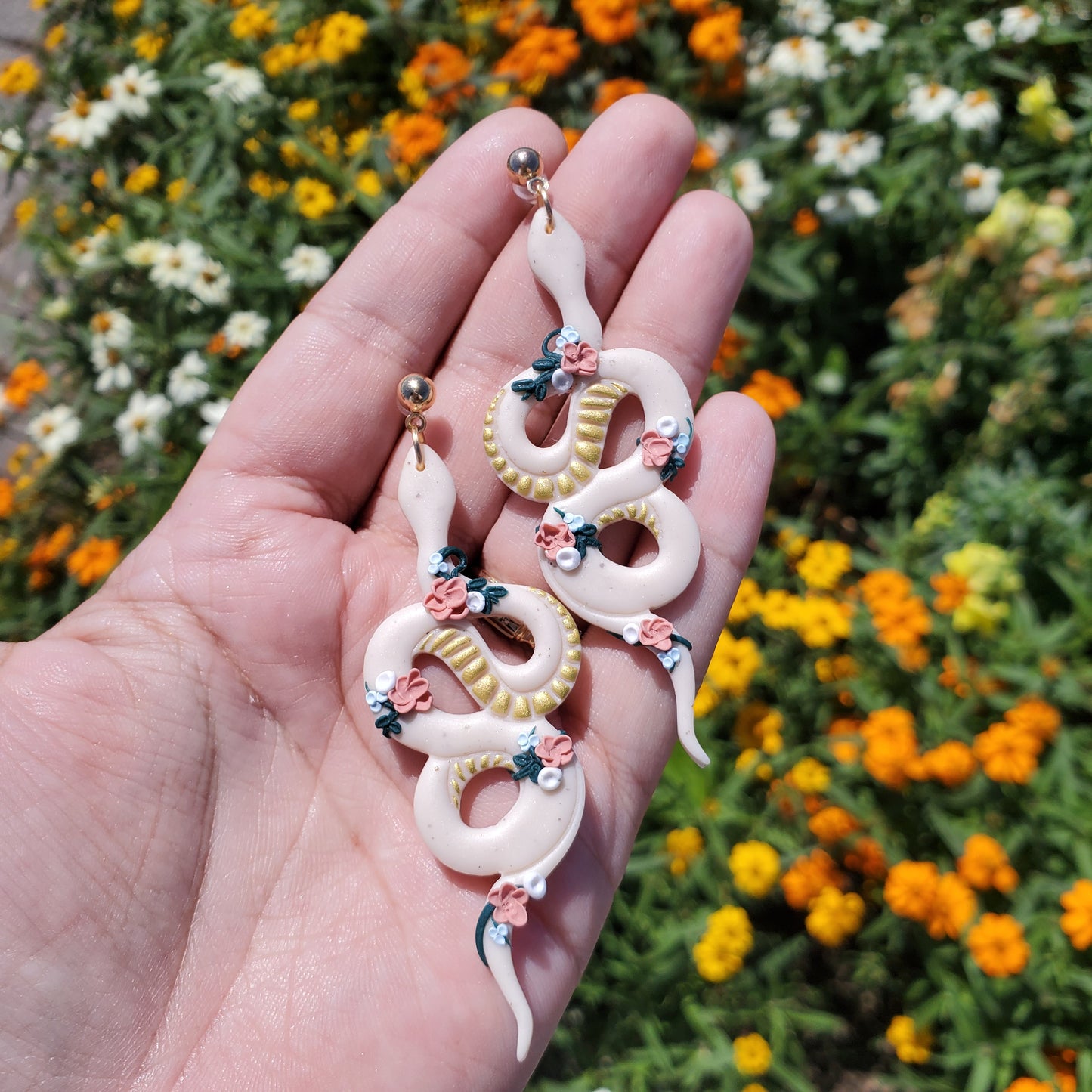 Green Floral Snake Earrings