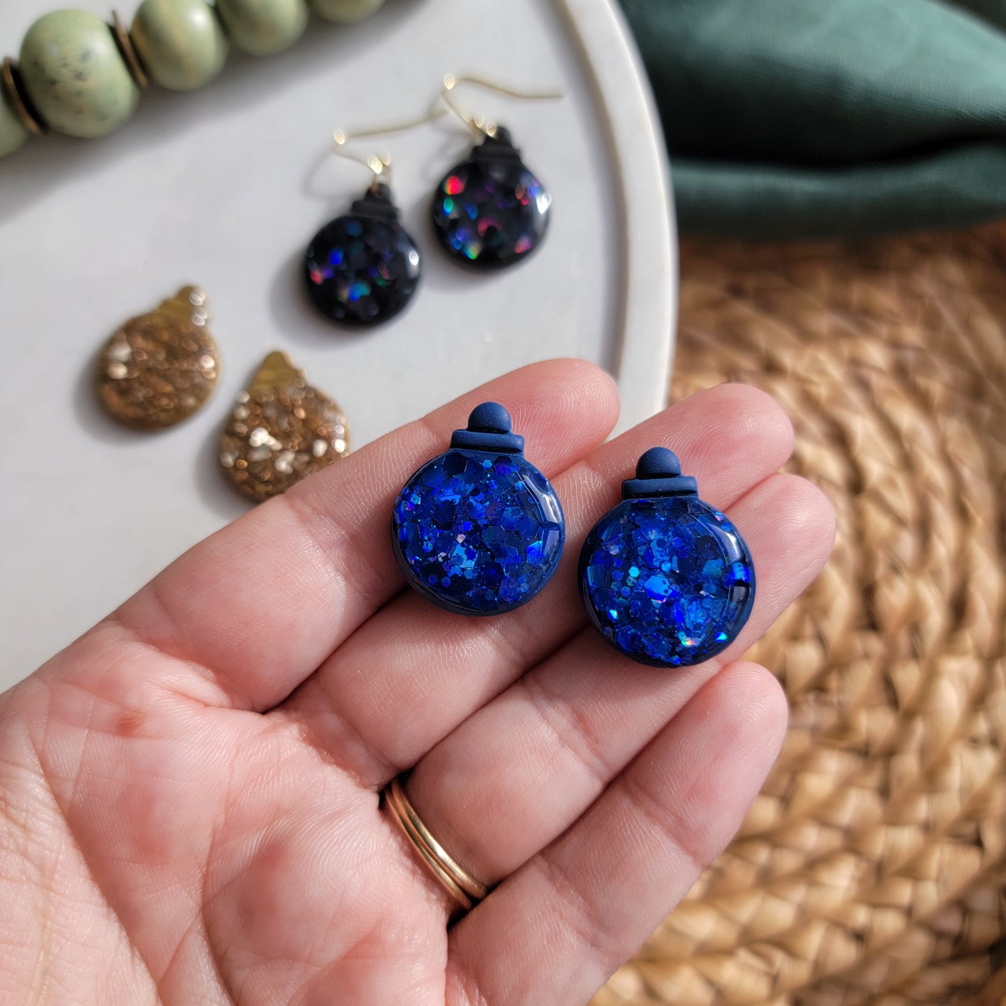 Blue Glitter Ornament Earrings