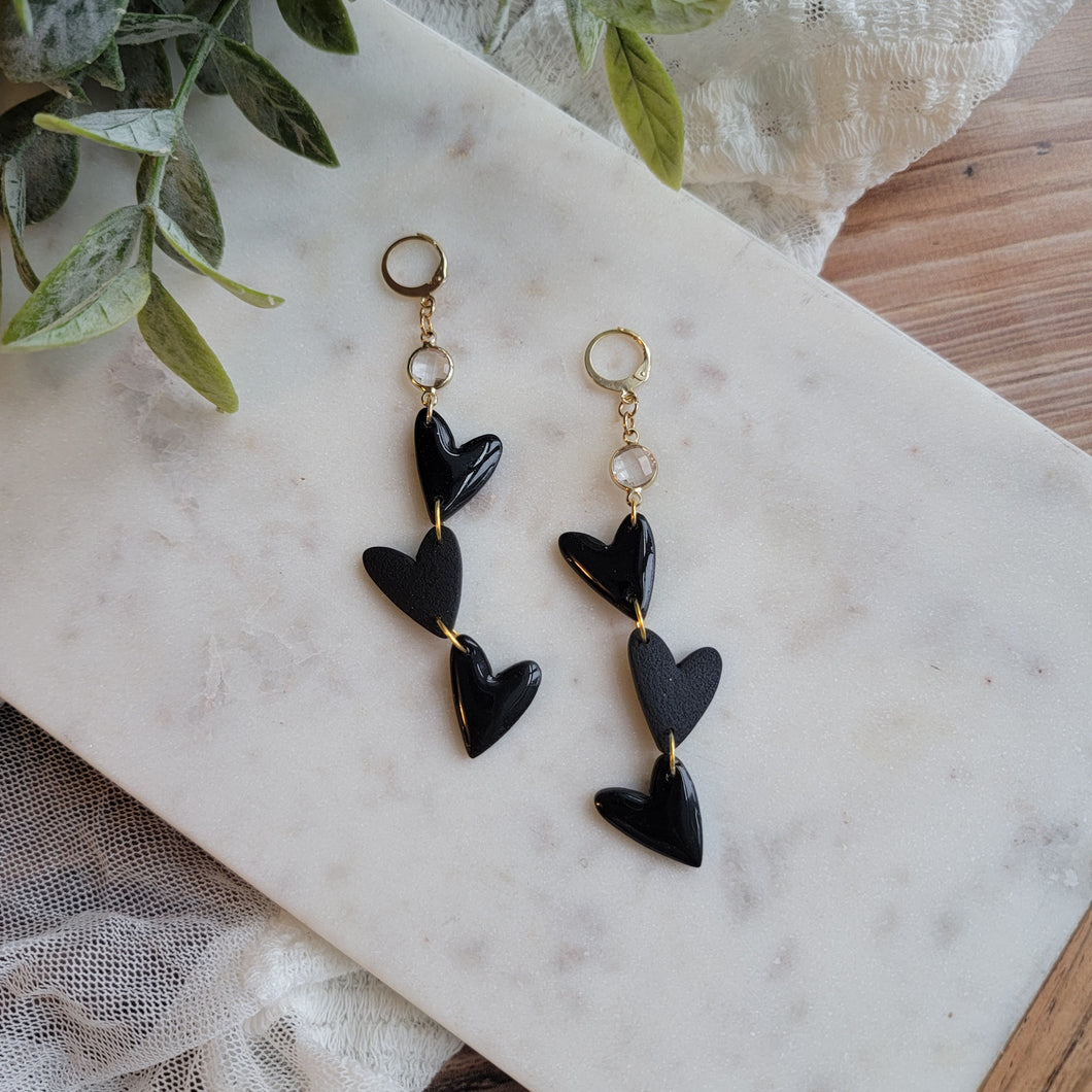 Long Triple Black Heart Dangles with Crystal