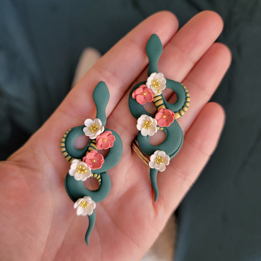 Green Floral Snake Earrings