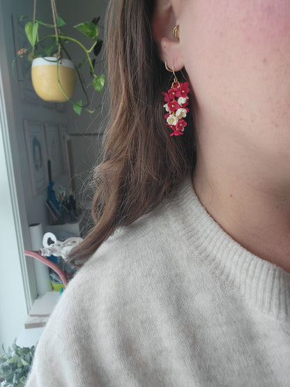Red and White Flower Bunch Earrings