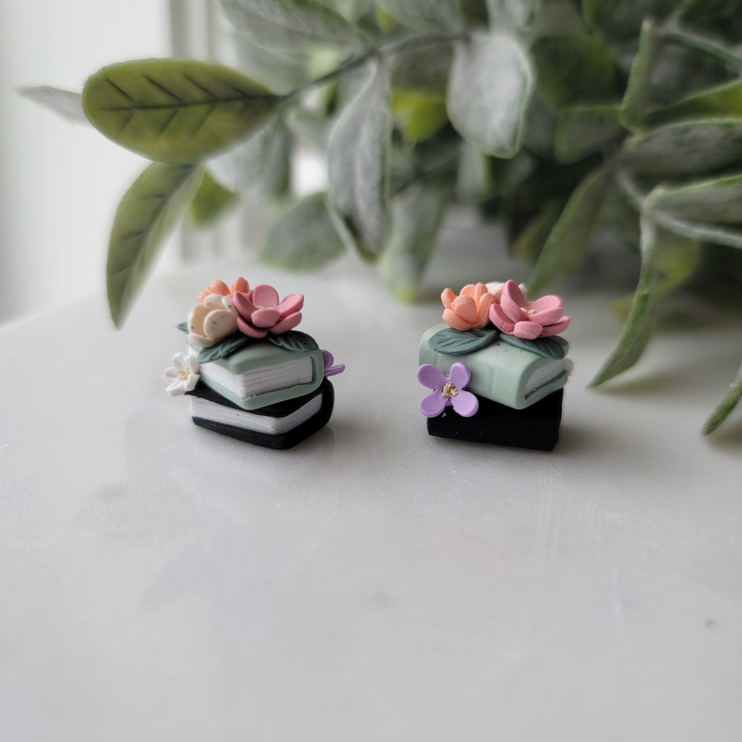 Small Floral Book Stack Earrings in Sage and Black