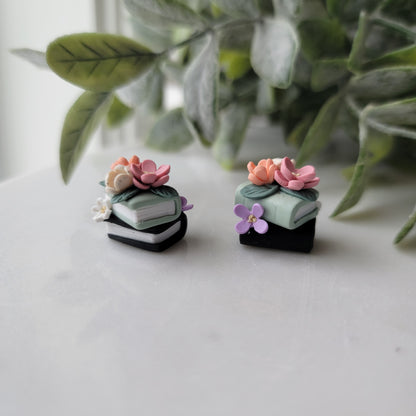Small Floral Book Stack Earrings in Sage and Black