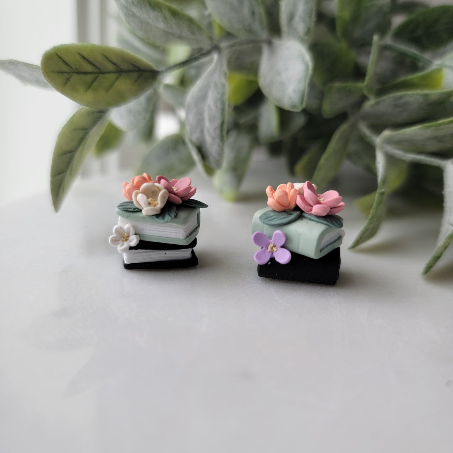 Small Floral Book Stack Earrings in Sage and Black