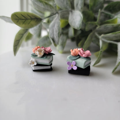 Small Floral Book Stack Earrings in Sage and Black