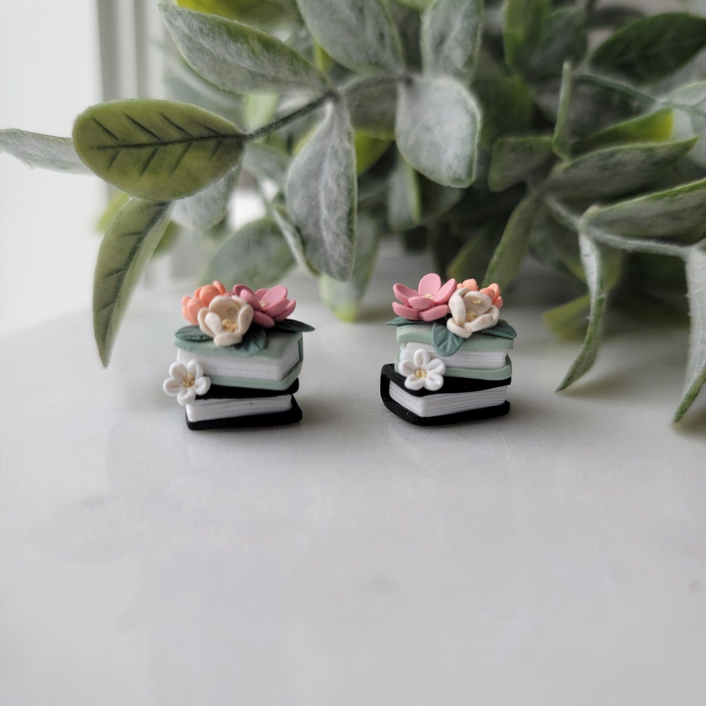 Small Floral Book Stack Earrings in Sage and Black