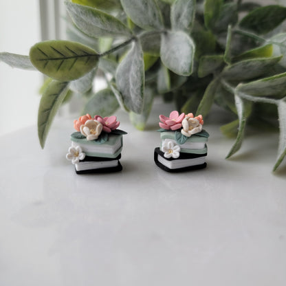Small Floral Book Stack Earrings in Sage and Black