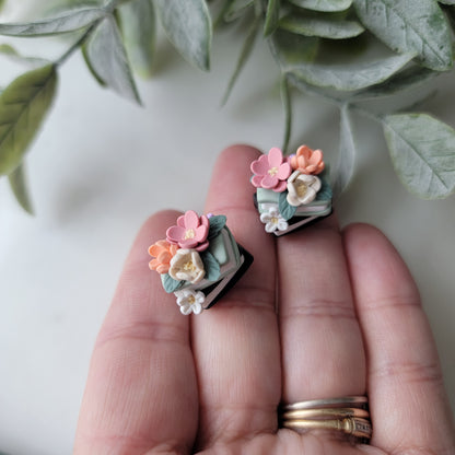 Small Floral Book Stack Earrings in Sage and Black