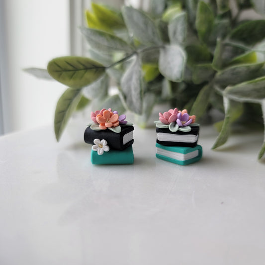 Small Floral Book Stack Earrings in Black and Teal
