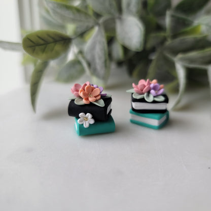 Small Floral Book Stack Earrings in Black and Teal