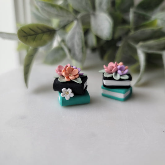 Small Floral Book Stack Earrings in Black and Teal