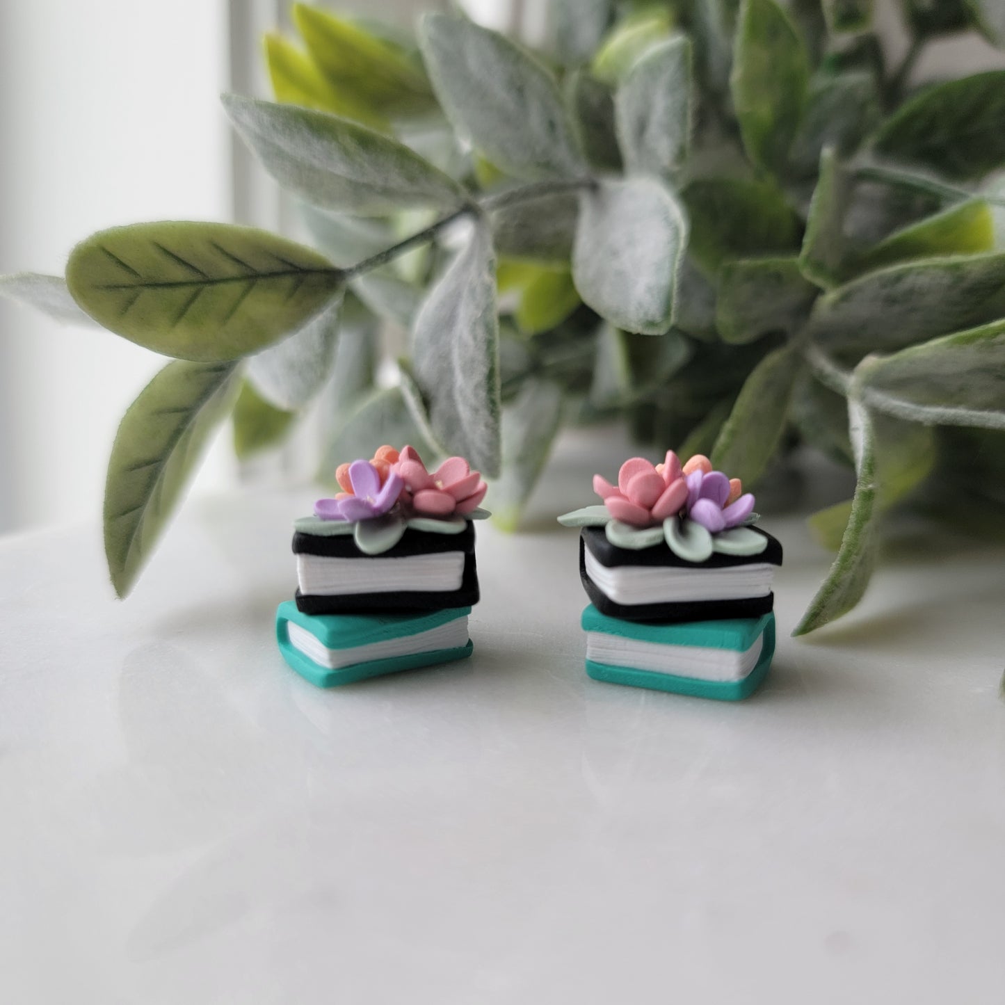 Small Floral Book Stack Earrings in Black and Teal