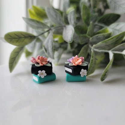 Small Floral Book Stack Earrings in Black and Teal
