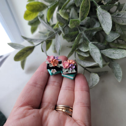 Small Floral Book Stack Earrings in Black and Teal