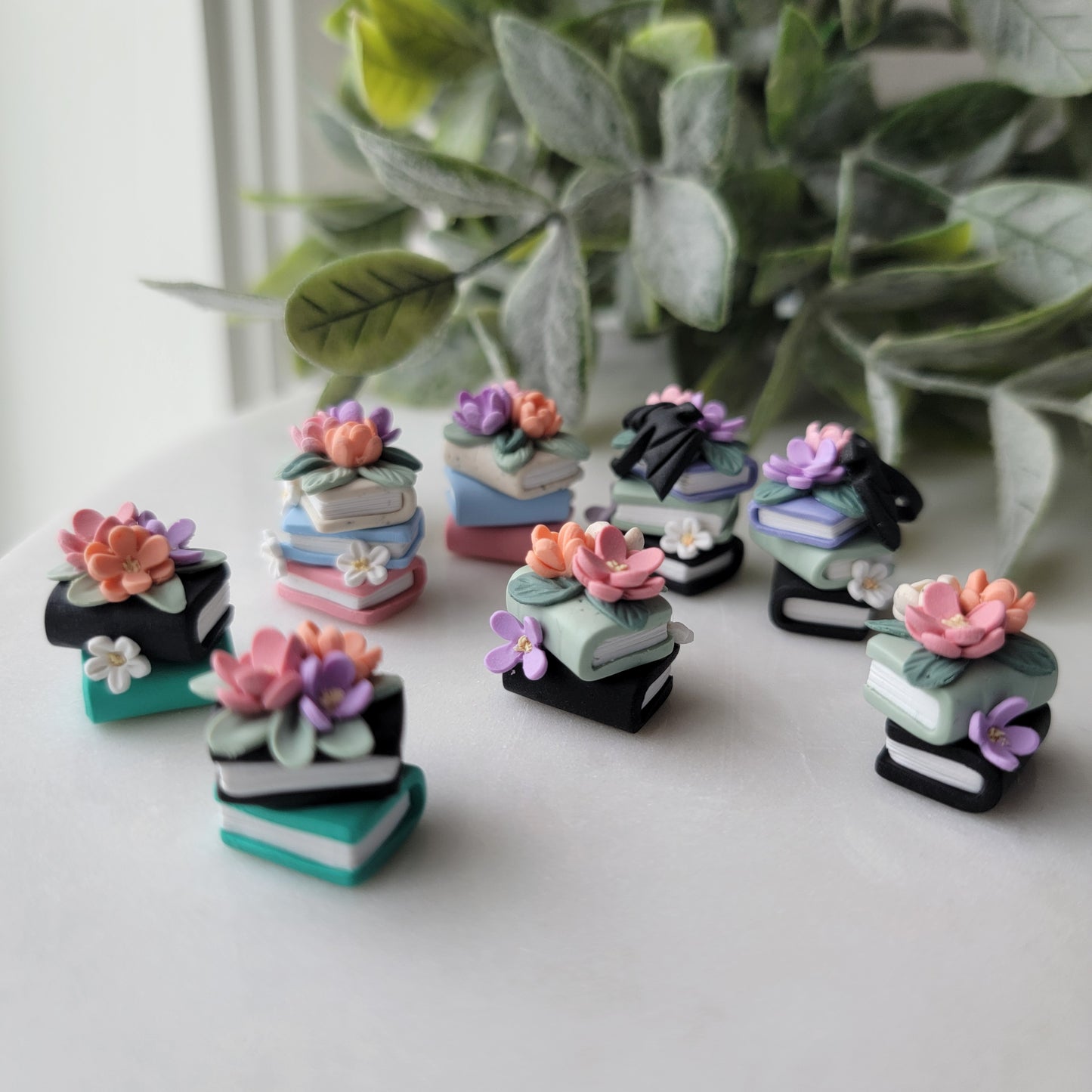 Small Floral Book Stack Earrings in Sage and Black