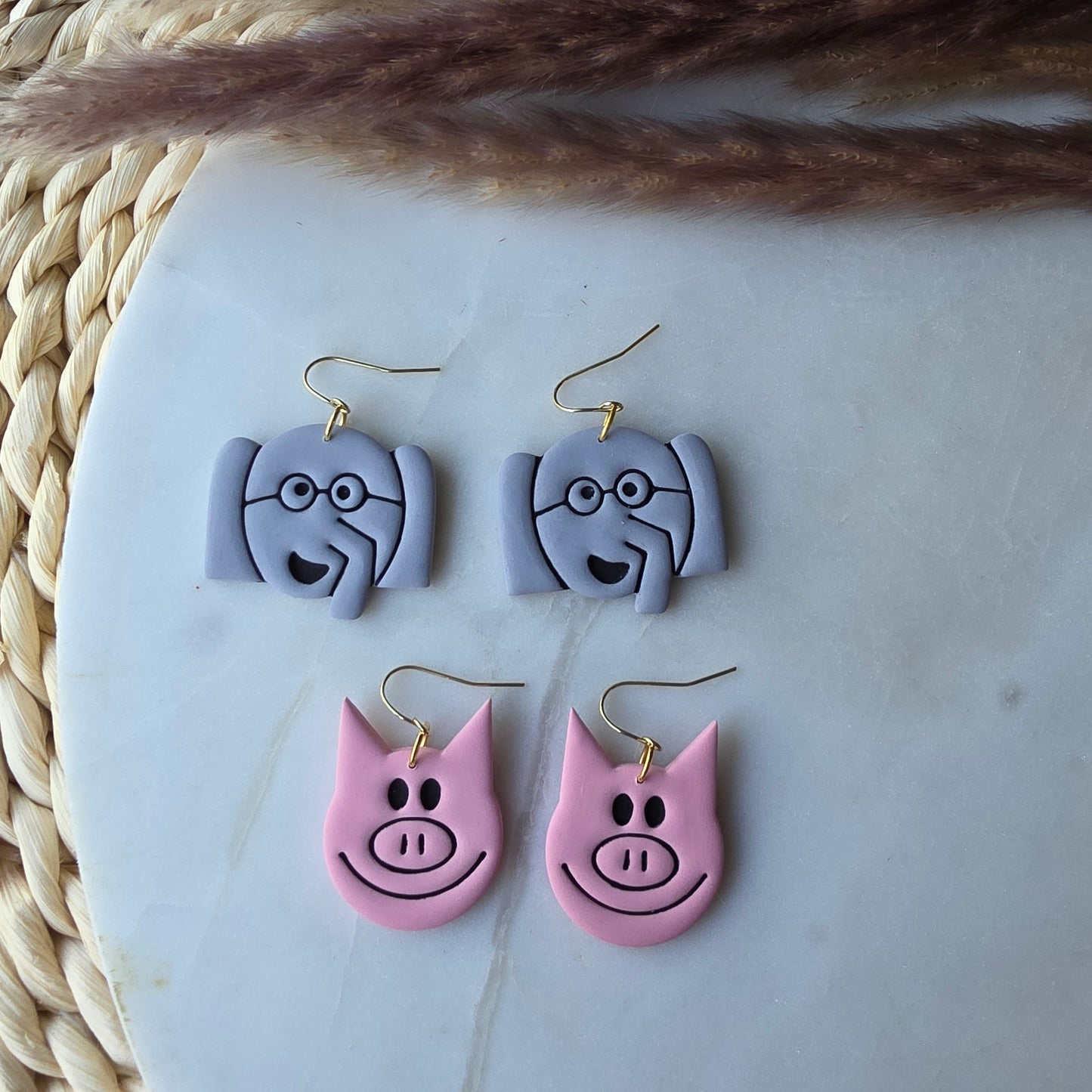 Bookish Elephant and Pig Earrings