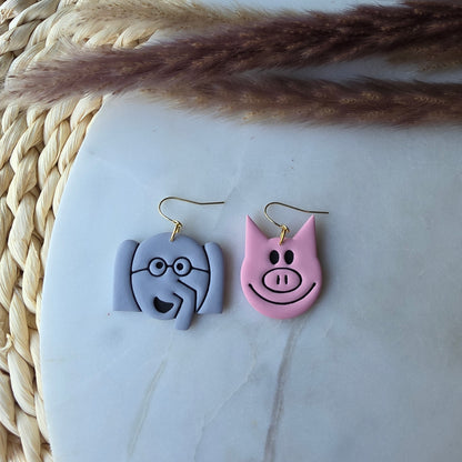 Bookish Elephant and Pig Earrings