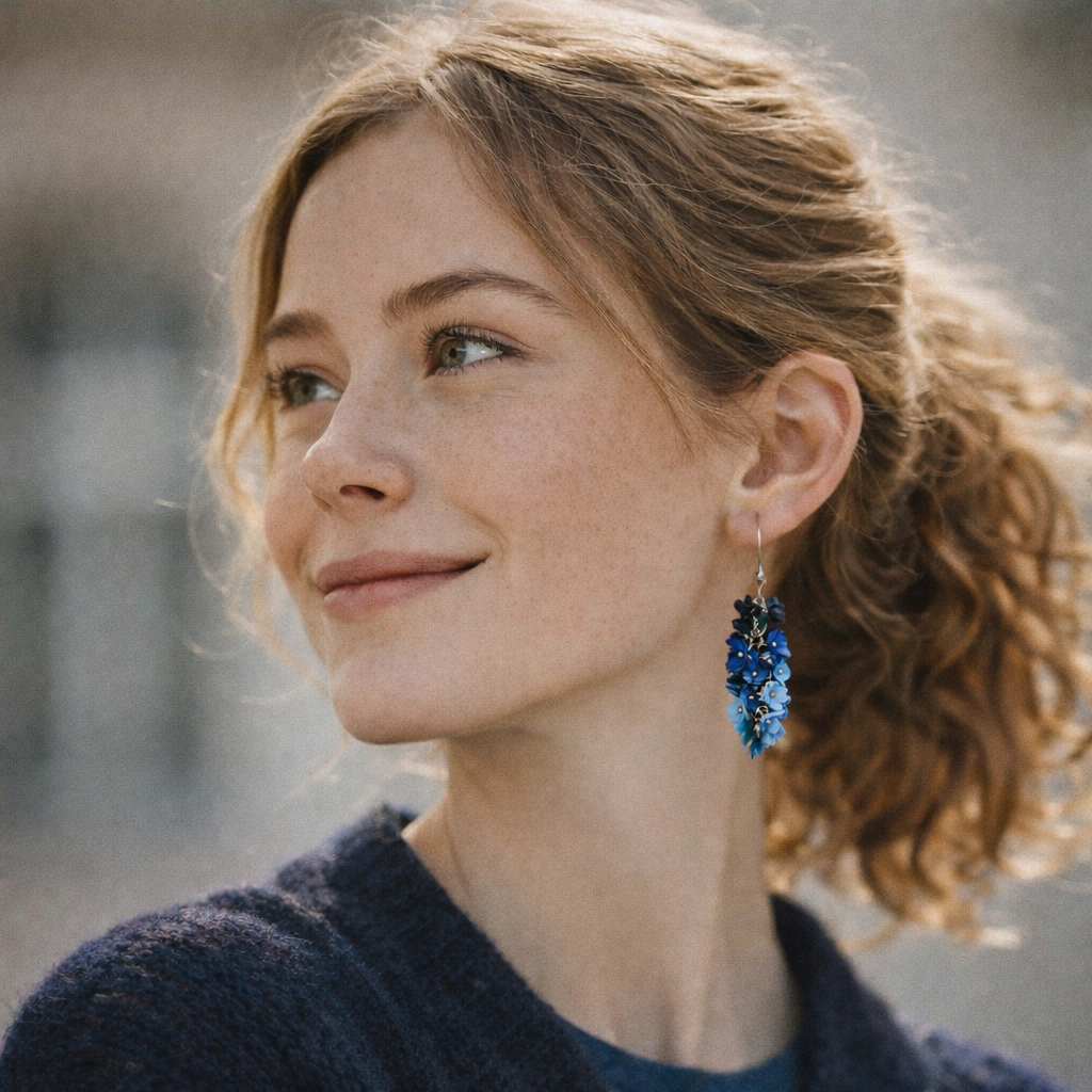 Woman wearing blue earrings with a blurred background
