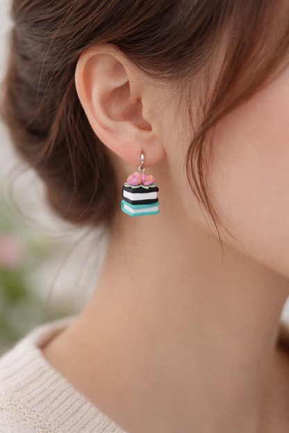 Small Floral Book Stack Earrings in Black and Teal