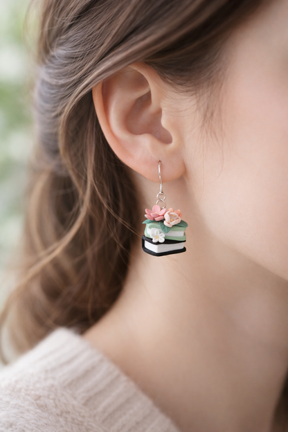 Small Floral Book Stack Earrings in Sage and Black