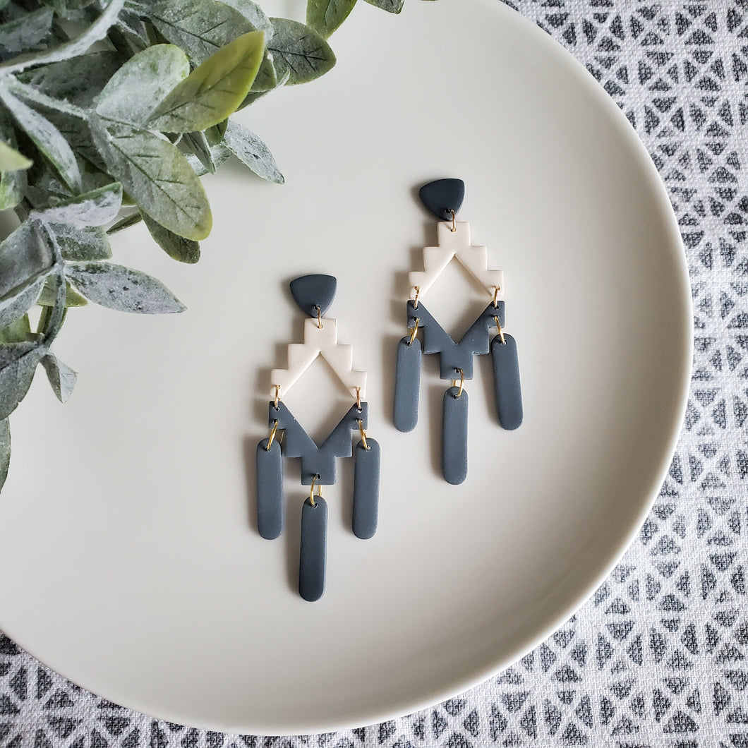 Geo Statement Earrings in Dusty Blue and Cream