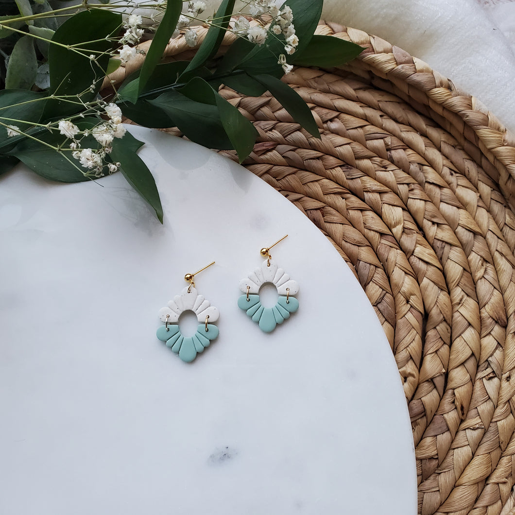 Scalloped Earrings in Sage and Speckled White