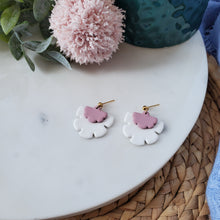 Load image into Gallery viewer, Ruffled Petal Earrings in White and Mauve
