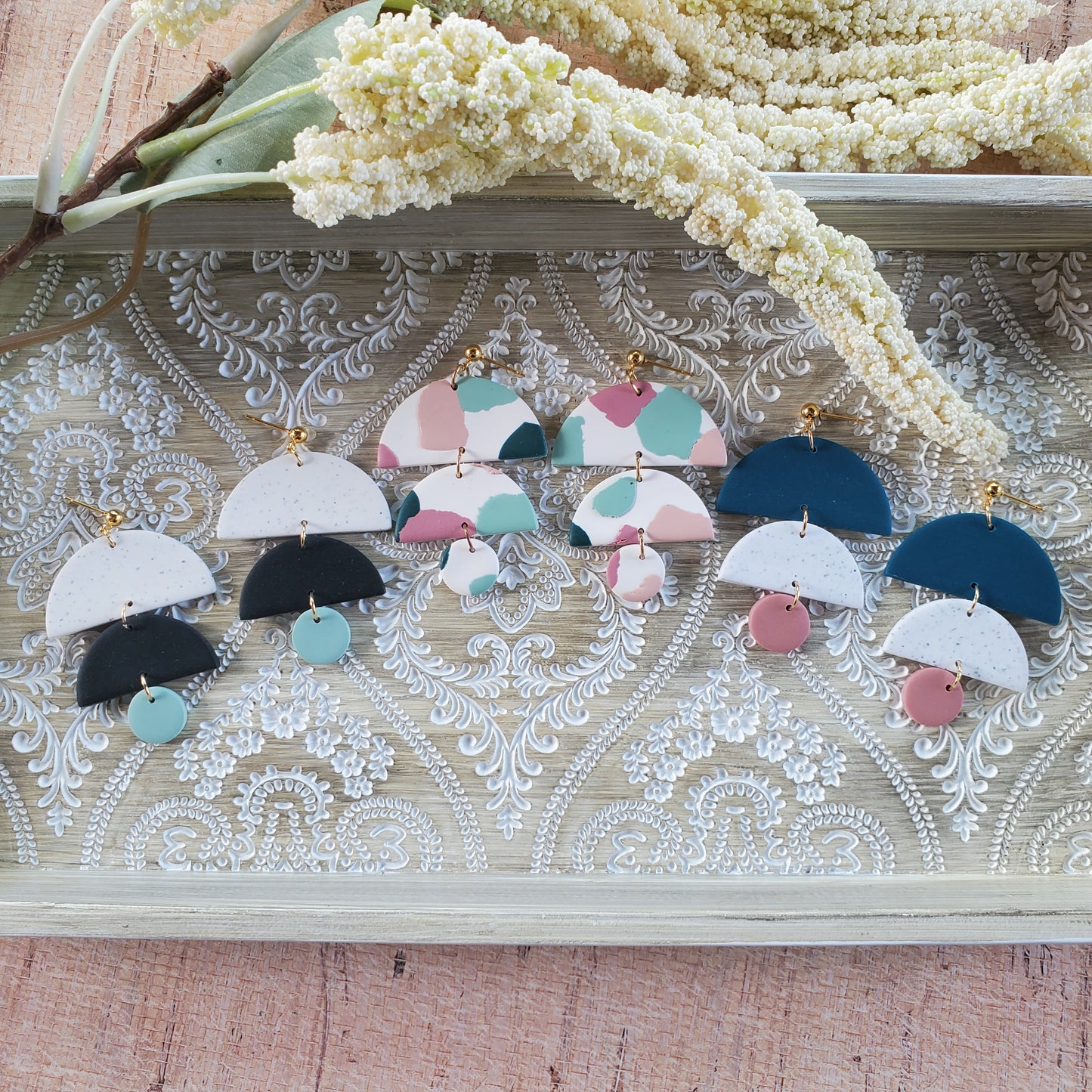 Sasha Earrings in Speckled White Black and Sage