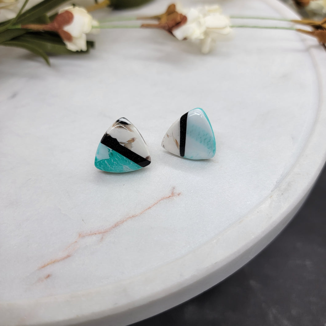 Triangle Studs in Jade Dalmatian Jasper Collage